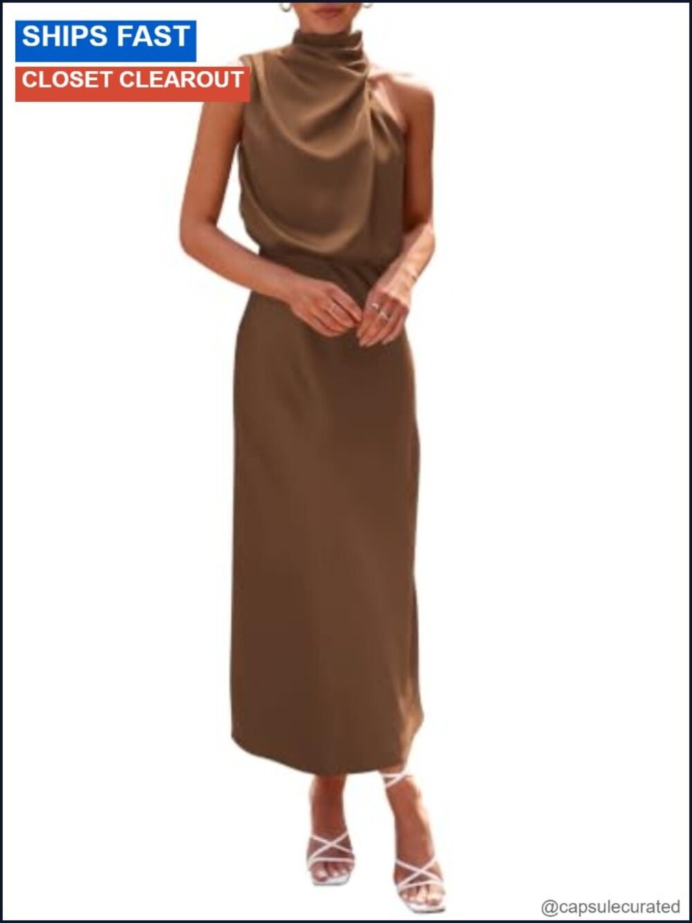 Satin Maxi Dress Sleeveless Mock Neck Formal Cocktail Party